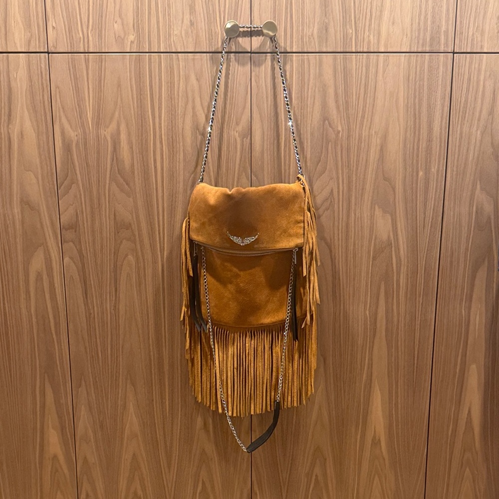 Zadig & Voltaire Suede Fringe Shoulder Bag in Caramel Brown